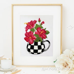 May include: Embroidered design of a black and white checkered pitcher filled with pink hibiscus flowers.