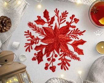 Winter Poinsettia boeket Machine Borduurwerk Design - 2 maten