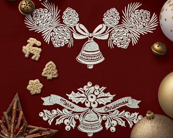 Könnte beinhalten: Weiße gestickte Weihnachtsmotive mit Tannenzapfen, Stechpalme, Glocken und Bändern. Die Motive beinhalten den Text "Frohe Weihnachten".