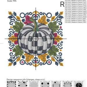 Puede incluir: Un dise&ntilde;o de bordado que presenta una calabaza central con un patr&oacute;n de cuadros blancos y negros, rodeada de hojas verdes, follaje amarillo y detalles en rosa. El dise&ntilde;o incluye especificaciones t&eacute;cnicas: 13,83x13,94 cm, 60300 puntadas y una secuencia de 13 cambios de color.
