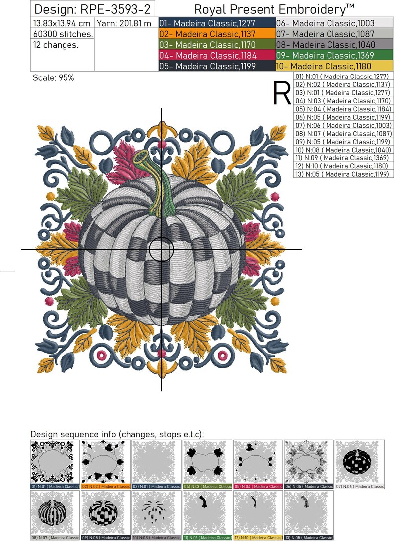 Puede incluir: Un dise&ntilde;o de bordado que presenta una calabaza central con un patr&oacute;n de cuadros blancos y negros, rodeada de hojas verdes, follaje amarillo y detalles en rosa. El dise&ntilde;o incluye especificaciones t&eacute;cnicas: 13,83x13,94 cm, 60300 puntadas y una secuencia de 13 cambios de color.
