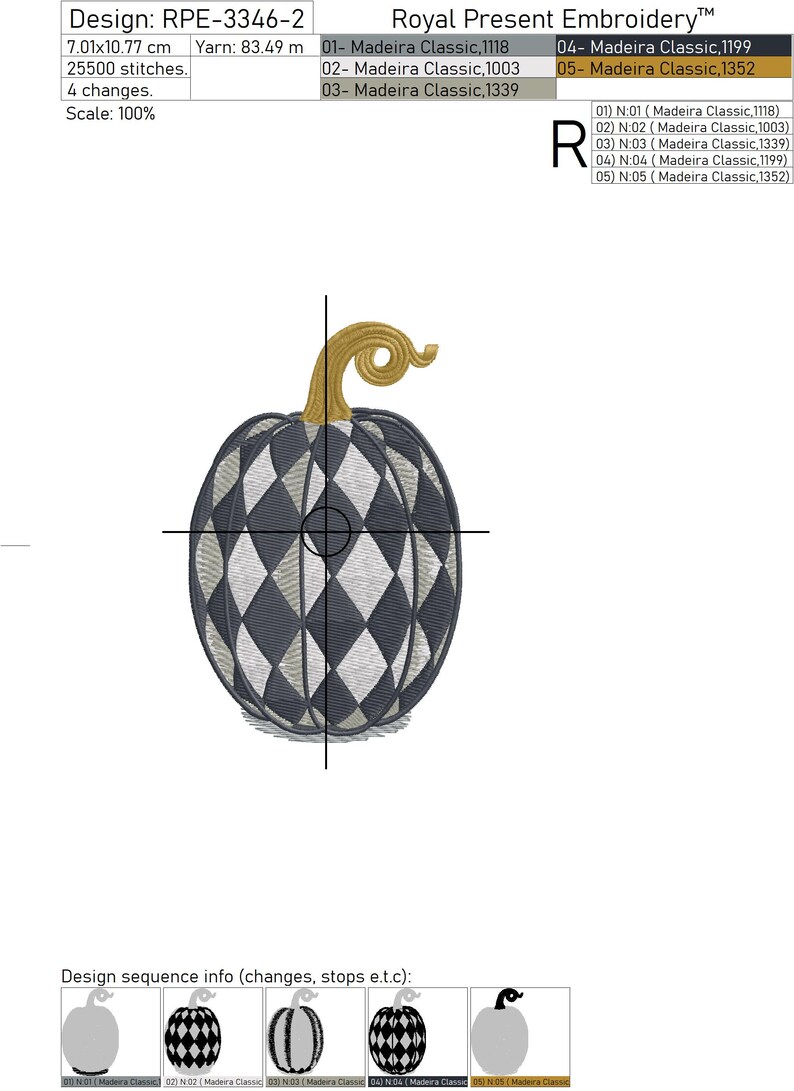 Puede incluir: Una calabaza a cuadros negros y blancos con un tallo dorado. La calabaza mide 7,01 cm de ancho y 10,77 cm de alto. El dise&ntilde;o est&aacute; compuesto por 25 500 puntadas y utiliza 83,49 metros de hilo.