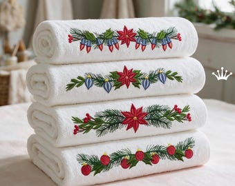 Christmas Poinsettia Borders Machine Embroidery Design Set, Floral Holiday Border Files for Towels, Napkins, Table Linens Decor Art - 4 in 1