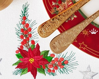 Christmas Corner Embroidery Design with Poinsettia - 4 sizes