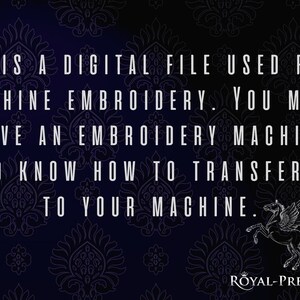 May include: A dark blue background with a white floral pattern. The text "IT IS A DIGITAL FILE USED FOR MACHINE EMBROIDERY. YOU MUST HAVE AN EMBROIDERY MACHINE AND KNOW HOW TO TRANSFER IT TO YOUR MACHINE." is written in white. A white winged horse is in the bottom right corner. The text "ROYAL-PRESENT" is in the bottom left corner.