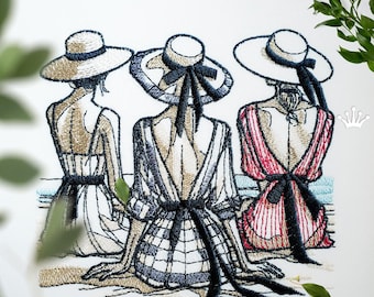 May include: Embroidered design of three women wearing hats and summer dresses. The women are sitting on a beach with their backs to the viewer. The design is in black, white, and red thread.