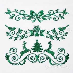 May include: Green embroidered Christmas designs. The image shows three decorative borders with festive elements. The top border has a bow, the middle border has birds and a snowflake, and the bottom border has reindeer and a Christmas tree.
