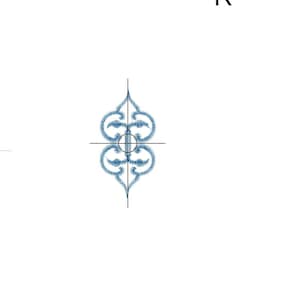 May include: An embroidered design in blue, featuring an ornate, symmetrical pattern. The design is centered on a white background, with a black crosshair intersecting the center of the design. The text "Royal Present Embroidery" is at the top.