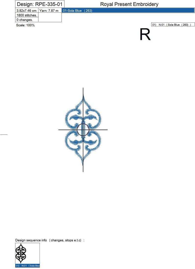 May include: An embroidered design in blue, featuring an ornate, symmetrical pattern. The design is centered on a white background, with a black crosshair intersecting the center of the design. The text "Royal Present Embroidery" is at the top.