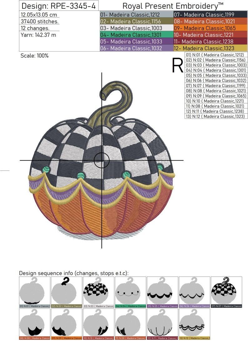 K&ouml;nnte beinhalten: Ein schwarz-wei&szlig; kariertes K&uuml;rbis mit einem gr&uuml;nen Stiel und orangefarbenem Boden. Der K&uuml;rbis ist mit einem violetten und goldenen Besatz verziert. Das Design hei&szlig;t "Royal Present Embroidery" und ist 12,05 cm x 13,05 cm gro&szlig;.