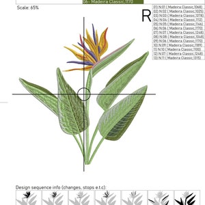 May include: A colorful embroidery design of a bird of paradise flower with green leaves. The design is 19.82 inches by 21.50 inches and uses 12 different colors of thread. The design is called "RPE-3505-002-4" and is from Royal Present Embroidery.