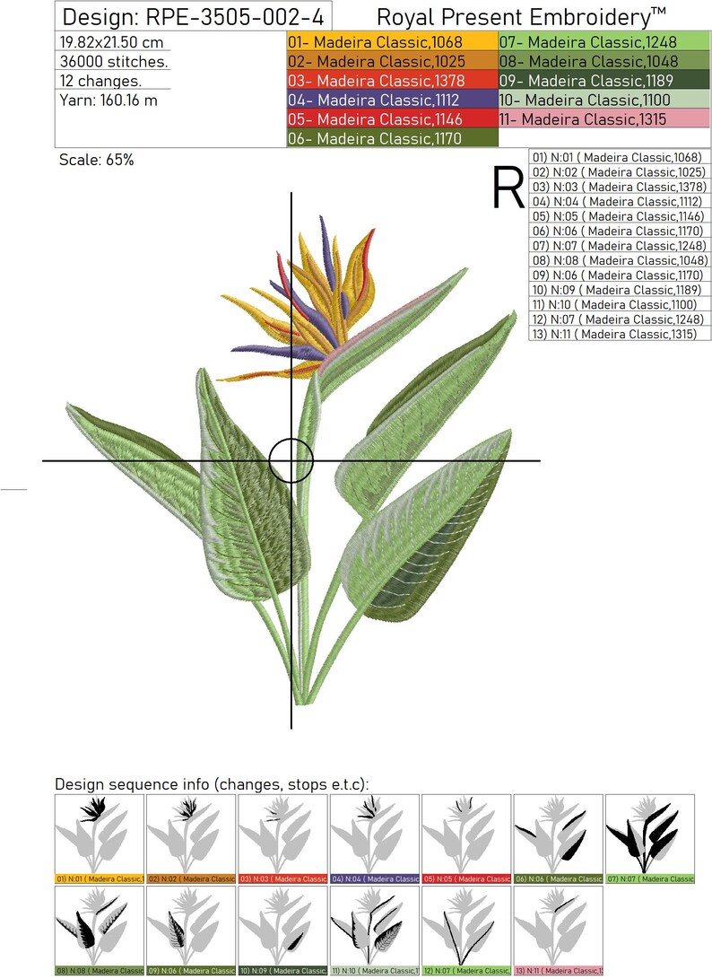 May include: A colorful embroidery design of a bird of paradise flower with green leaves. The design is 19.82 inches by 21.50 inches and uses 12 different colors of thread. The design is called "RPE-3505-002-4" and is from Royal Present Embroidery.