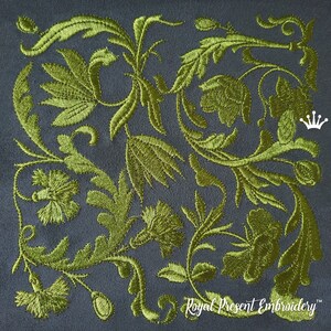 May include: A green floral embroidery design on a gray background. The design features intricate leaves and flowers, creating a delicate and elegant pattern. The text "Royal Present Embroidery" is visible at the bottom of the image.