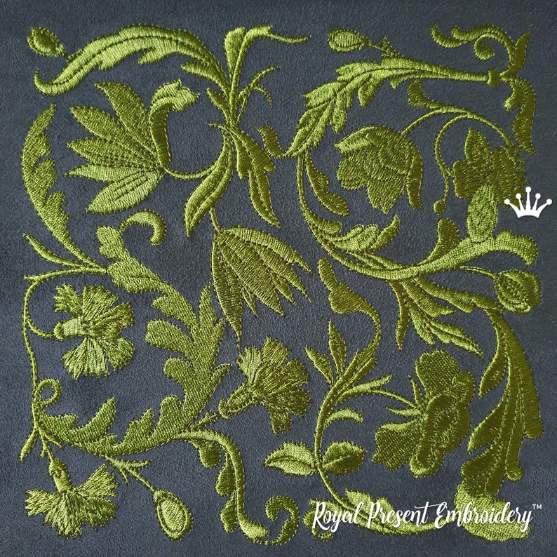 May include: A green floral embroidery design on a gray background. The design features intricate leaves and flowers, creating a delicate and elegant pattern. The text "Royal Present Embroidery" is visible at the bottom of the image.