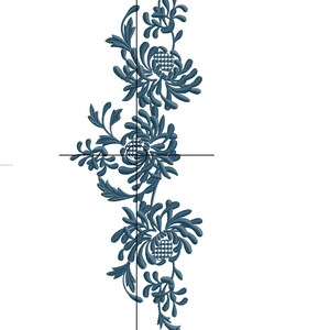 May include: An embroidered design featuring a vertical arrangement of stylized floral elements in shades of teal and blue. The design includes detailed leaves and flower-like shapes, with a checkered pattern at the center of each floral element. The design is 10.93 cm wide and 29.83 cm long.
