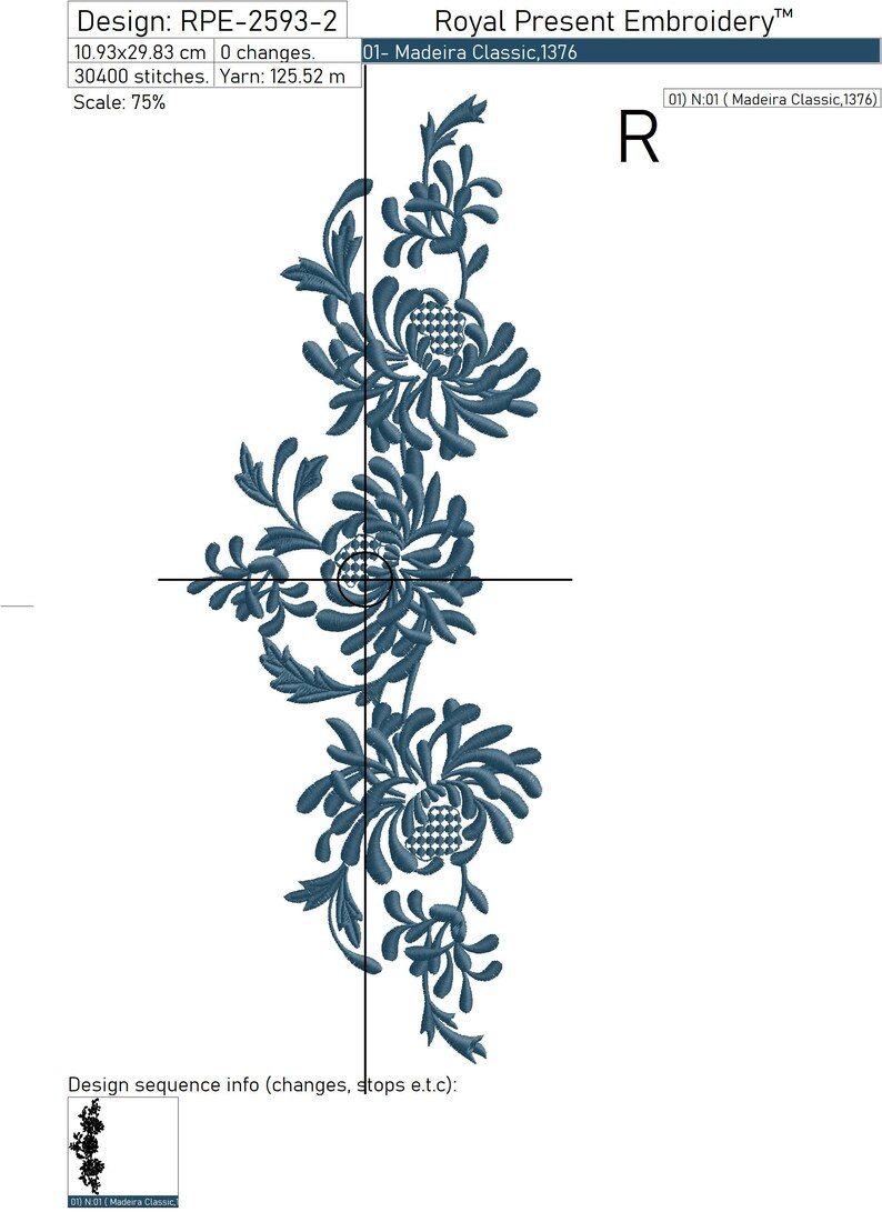 May include: An embroidered design featuring a vertical arrangement of stylized floral elements in shades of teal and blue. The design includes detailed leaves and flower-like shapes, with a checkered pattern at the center of each floral element. The design is 10.93 cm wide and 29.83 cm long.