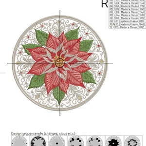 Peut inclure: Motif brod&eacute; RPE-3596, repr&eacute;sentant une fleur de poinsettia aux p&eacute;tales rouges et aux feuilles vertes, entour&eacute;e d'une bordure circulaire orn&eacute;e. Le motif mesure 17,86 cm sur 17,86 cm et comprend le texte "Royal Present Embroidery".