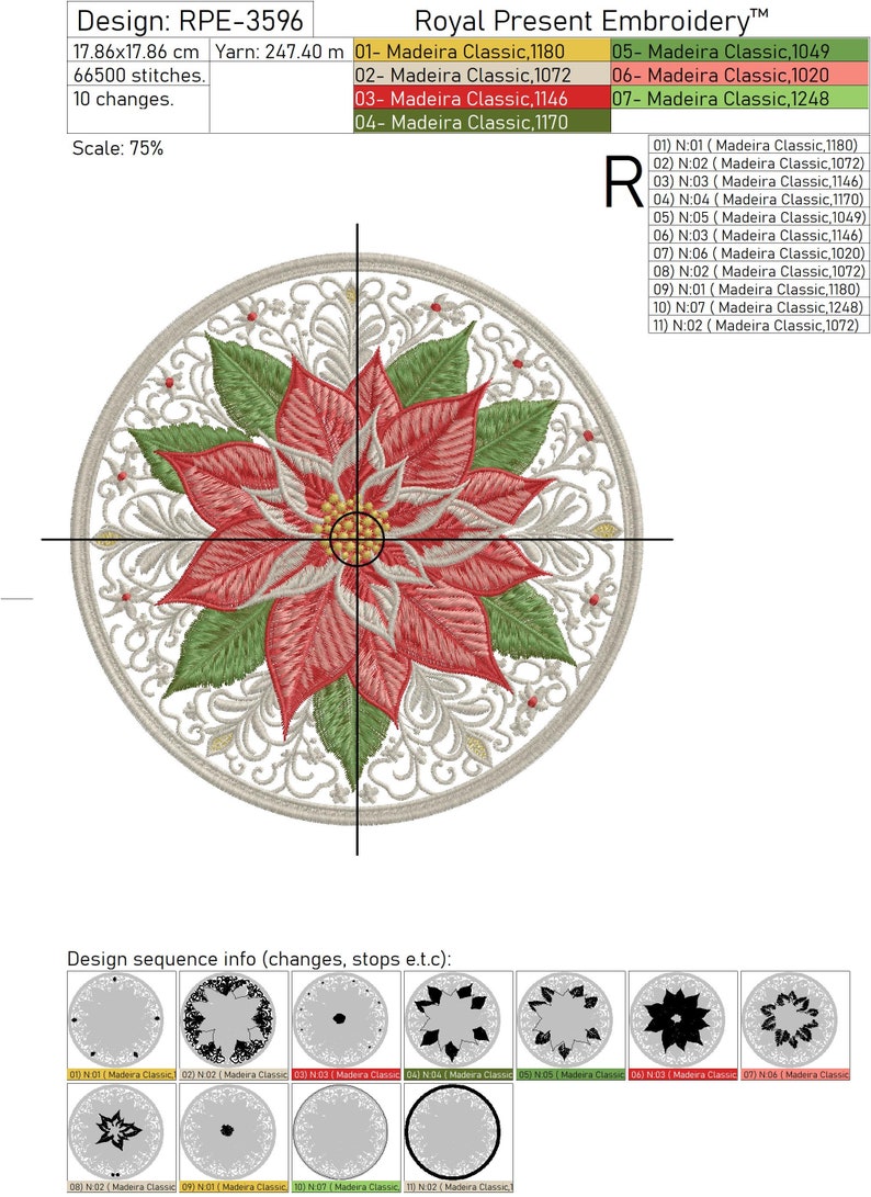 Peut inclure: Motif brod&eacute; RPE-3596, repr&eacute;sentant une fleur de poinsettia aux p&eacute;tales rouges et aux feuilles vertes, entour&eacute;e d'une bordure circulaire orn&eacute;e. Le motif mesure 17,86 cm sur 17,86 cm et comprend le texte "Royal Present Embroidery".