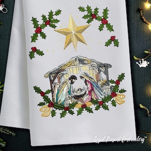May include: Embroidered Christmas design featuring a nativity scene with Mary, Joseph, and baby Jesus in a manger. The scene is surrounded by a wreath of holly with red berries and a gold star above.