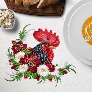 Rooster in a thicket of flowers Machine Embroidery Design - 5 sizes