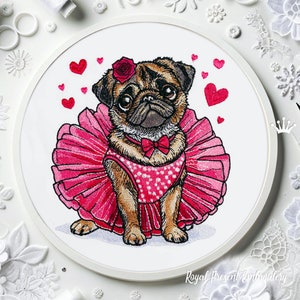 May include: Embroidered design of a pug wearing a pink tutu and a red bow. The pug has a pink rose on its head and is surrounded by red hearts.