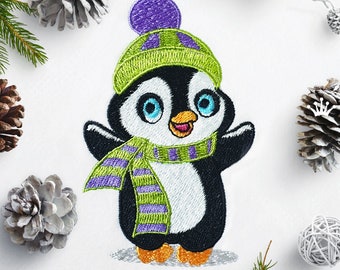 Cute penguin with hat and scarf Machine Embroidery Design