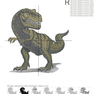 May include: A green and brown embroidered design of a Tyrannosaurus Rex dinosaur. The design is labeled "Royal Present Embroidery" and includes the text "RPE-3260-2".