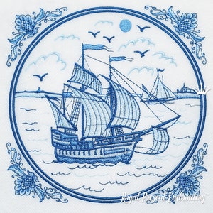 Sailboat Dutch delft blue Style Machine Embroidery Design - 4 sizes