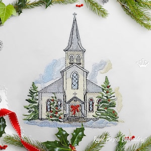 May include: Embroidered design of a church with a steeple, surrounded by snow-covered pine trees. The church has a red bow on the door and a cross on the steeple. The design is in a vintage style with a watercolor effect.