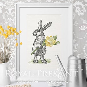 Coniglio di Pasqua con il fiore macchina ricamo Design - 6 taglie