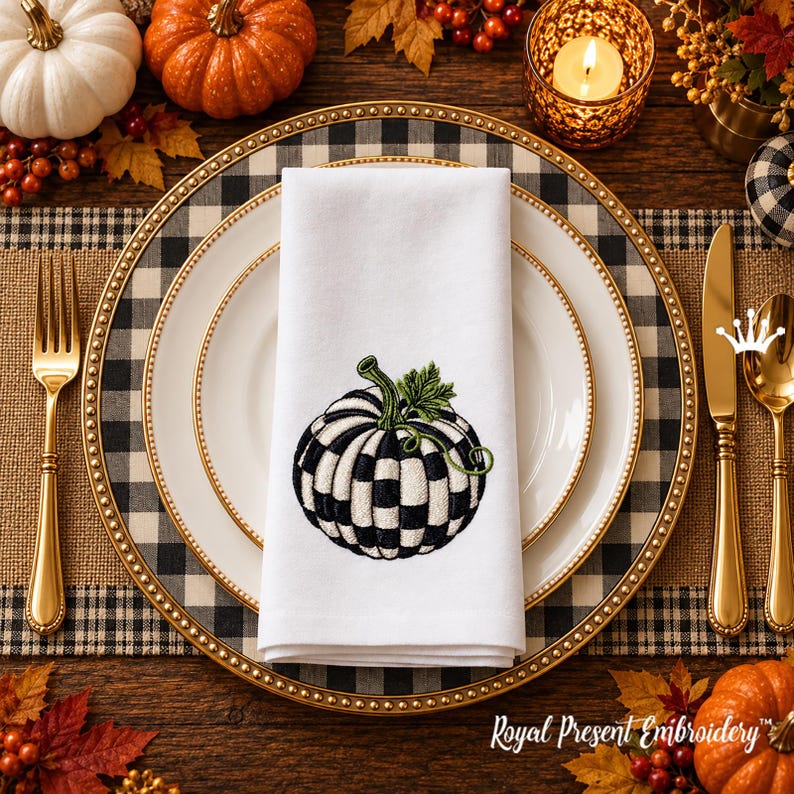 Checkered Pumpkin Machine Embroidery Design, 3 Sizes, 4x4 and 5x7 Hoops image 1
