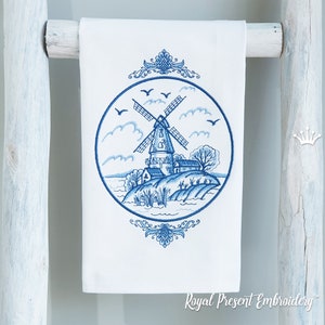 Delft Blue Windmill Machine Embroidery Design Dutch Style - 5 sizes