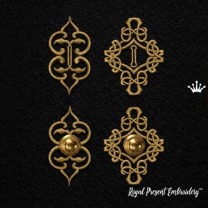 May include: Four gold-colored embroidered designs on a black background. Two designs feature the letter "I", while the other two have a circular button. The designs are ornate and detailed, with a textured appearance. The text "Royal Present Embroidery" is at the bottom.