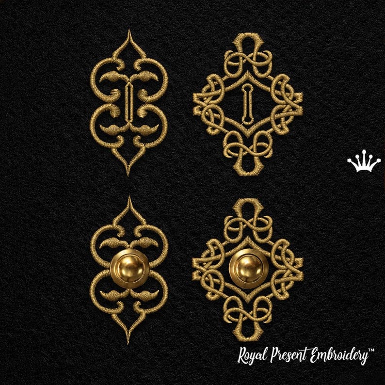 May include: Four gold-colored embroidered designs on a black background. Two designs feature the letter "I", while the other two have a circular button. The designs are ornate and detailed, with a textured appearance. The text "Royal Present Embroidery" is at the bottom.