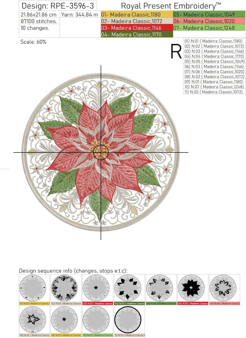 Peut inclure: Motif brod&eacute; RPE-3596-3, repr&eacute;sentant une fleur de poinsettia aux p&eacute;tales rouges et feuilles vertes, entour&eacute;e d'une bordure d&eacute;corative. Le motif mesure 21,86 x 21,86 cm et comprend le texte "Royal Present Embroidery".