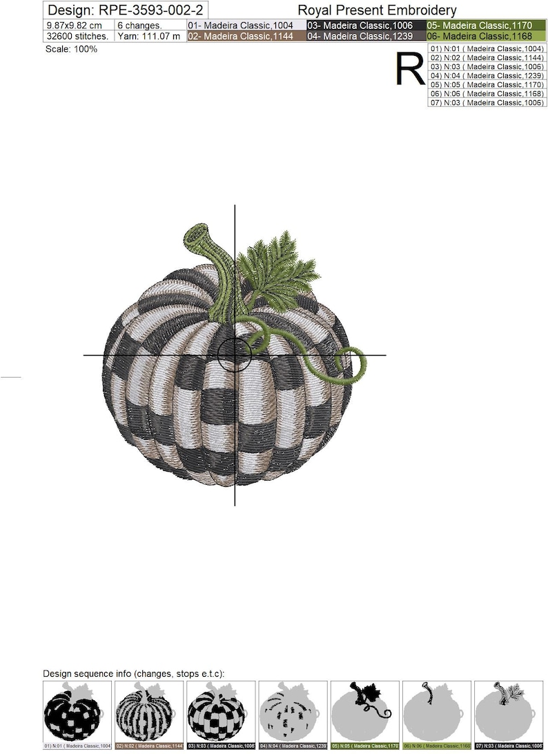 May include: An embroidery design of a pumpkin featuring alternating black and white striped segments. The pumpkin has a green stem and a green leaf attached to the top. The design includes technical specifications like 9.87x9.82 cm and 32600 stitches.
