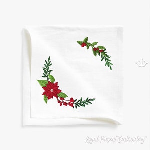 Könnte beinhalten: Gesticktes Weihnachtskranz-Design mit roten Weihnachtssternen und grünen Blättern. Der Kranz ist teilweise fertiggestellt, die obere Hälfte fehlt.