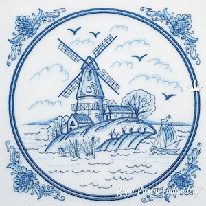 Delft Blue Windmill and Boat Machine Embroidery Design - 4 sizes