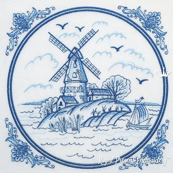 Delft Blue Windmühle und Boot Stickdatei - 4 Größen