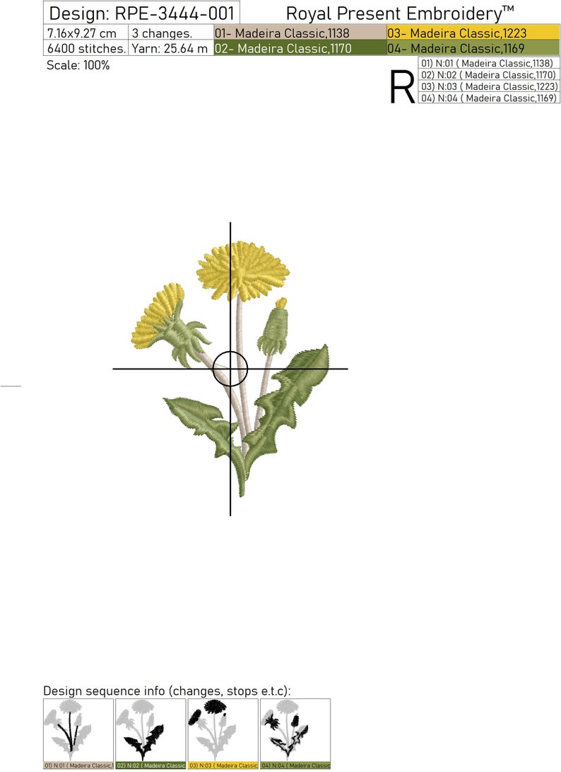 Pode incluir: Um desenho de bordado digital de uma flor de dente-de-le&atilde;o amarela com folhas verdes. O desenho mede 7,16 cm por 9,27 cm e utiliza 6400 pontos. O desenho chama-se "RPE-3444-001" e faz parte da cole&ccedil;&atilde;o "Royal Present Embroidery".