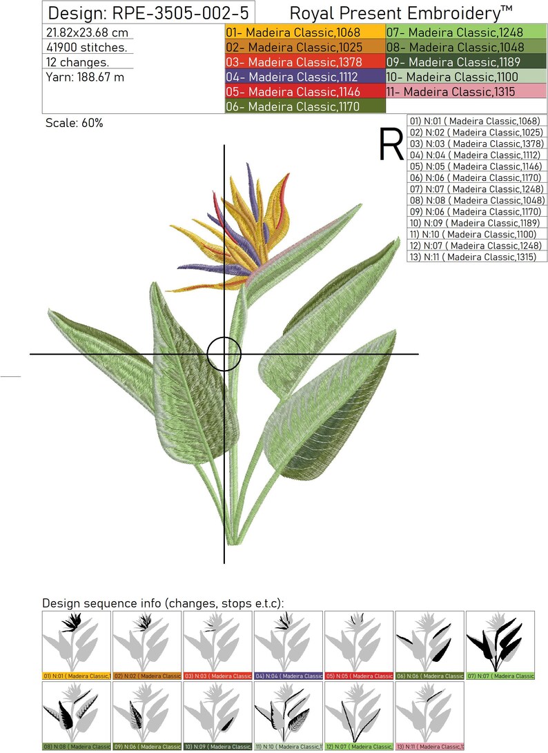 May include: A colorful embroidery design of a bird of paradise flower with green leaves. The design is 21.82 inches by 23.68 inches and uses 12 different thread colors.