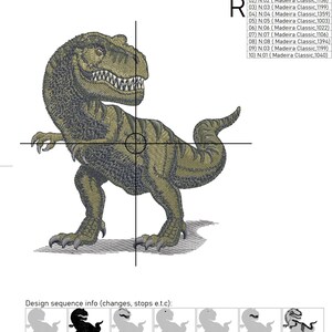 May include: A green and brown embroidered design of a Tyrannosaurus Rex dinosaur. The design is 12.83 by 13.66 centimeters and uses 35,200 stitches. The design is labeled "Royal Present Embroidery" and includes the text "R" and a list of embroidery thread colors and numbers.