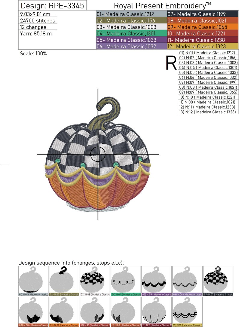 K&ouml;nnte beinhalten: Ein schwarz-wei&szlig; karierter K&uuml;rbis mit orangefarbenem Boden und gr&uuml;nem Stiel. Der K&uuml;rbis hat einen violetten und goldenen Besatz am Boden. Das Design hei&szlig;t "RPE-3345" und ist 9,03 cm x 9,81 cm gro&szlig;. Es verwendet 24.700 Stiche und 12 &Auml;nderungen. Das verwendete Garn ist 85,18 Meter lang.