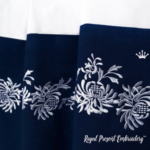 May include: White and navy blue fabric with a white embroidered floral design. The fabric has a crown and the text "Royal Present Embroidery" in white.