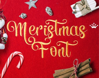 May include: Gold embroidered "Christmas Font" text on a red felt background with a Santa ornament, candy cane, cinnamon sticks, and other Christmas decorations.