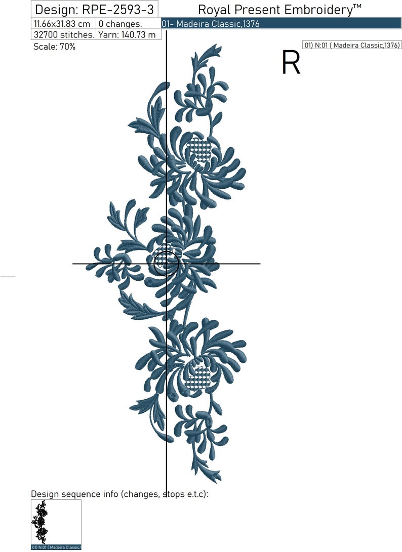May include: An embroidered design featuring a floral pattern with intricate details. The design is in shades of blue and includes text that reads "Royal Present Embroidery" and "Design: RPE-2593-3". The design measures 11.66x31.83 cm.