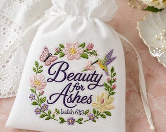 Diseño de bordado a máquina con versículo bíblico floral "Belleza para las cenizas", arte mural con escritura cristiana, archivo digital de decoración de fe, 4 tamaños.
