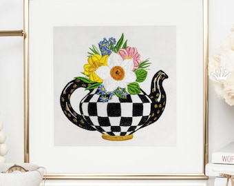 Checkered teapot with spring bouquet Machine Embroidery Design - 4 sizes