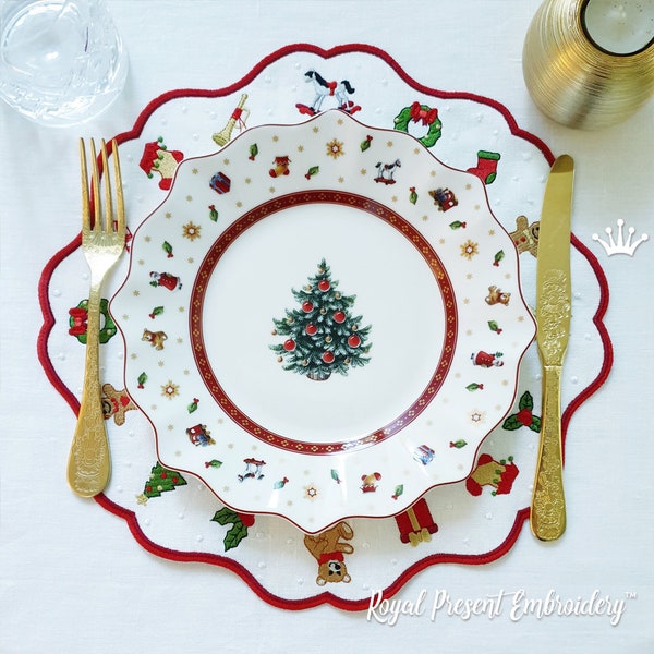 In the Hoop Christmas toys table placemat design for multi-needle industrial machine