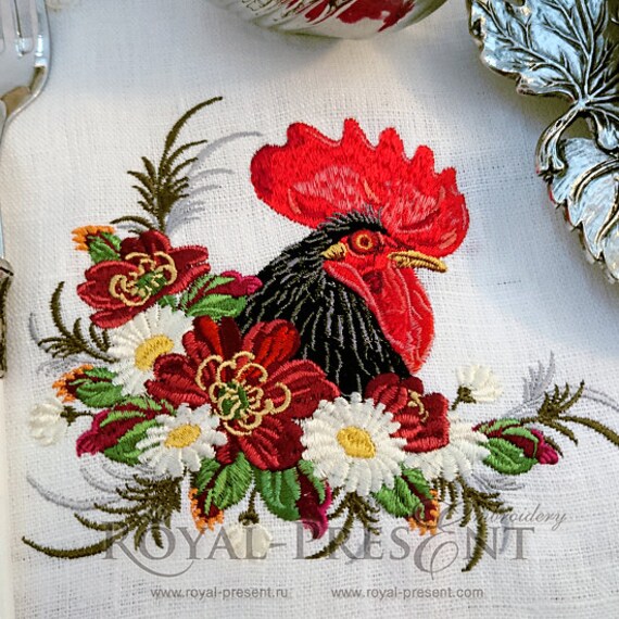 Machine Embroidery Design Rooster in a thicket of flowers 2 Etsy